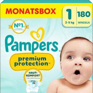 Pampers Premium Protection Größe 1, 180 Windeln, 2kg-5kg, Doppelter Schutz für die Haut und